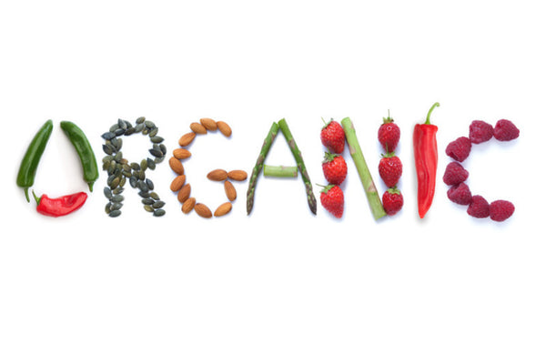 organic foods and veggies forming organic word