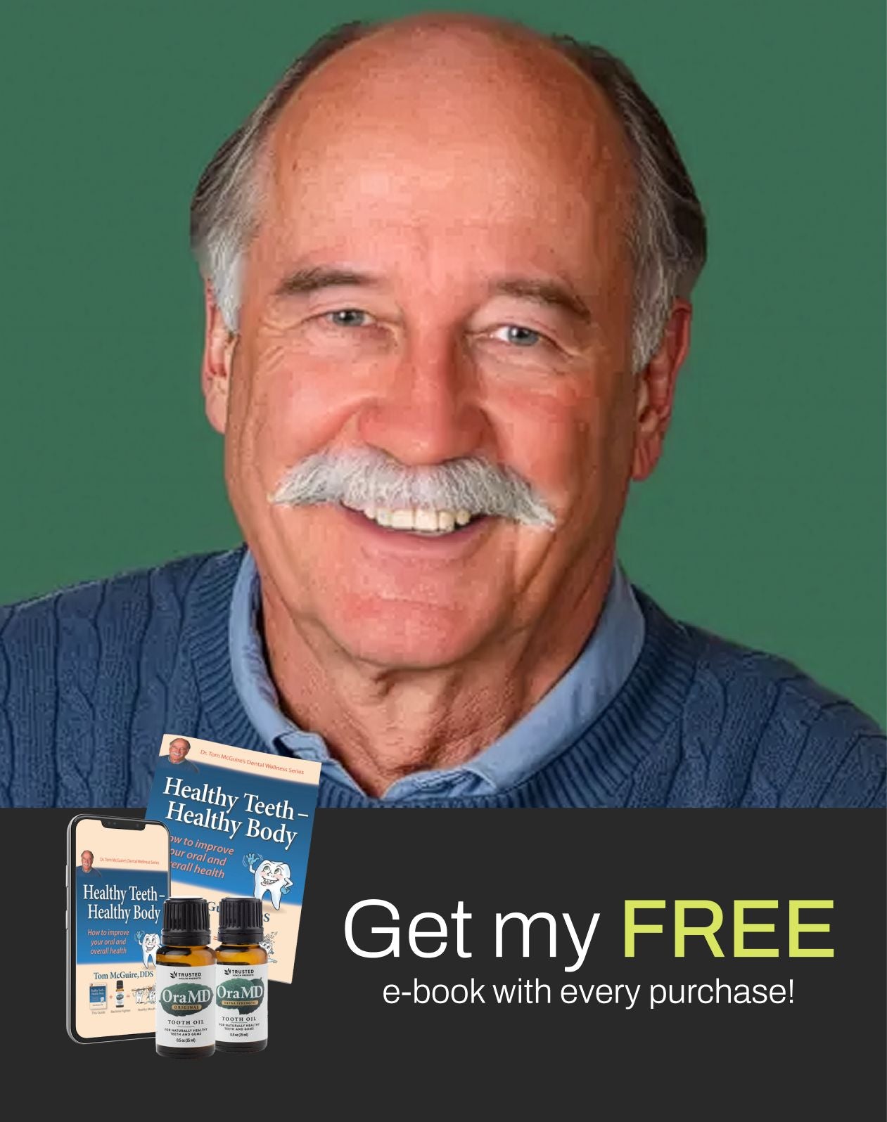 Man with a mustache holding health product packaging with promotional text on a green background
